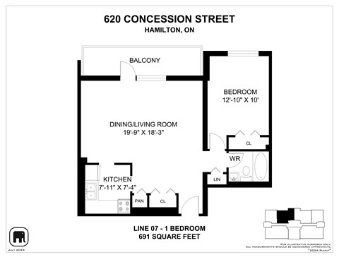 Floor plan for 1 bed, 1 bath, 691 sqft
